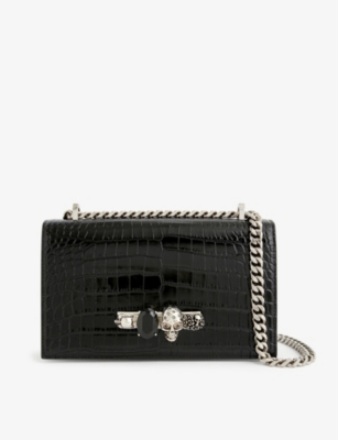 Shop Alexander Mcqueen Womens Black Skull Mini Croc-embossed Leather Shoulder Bag