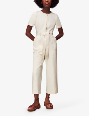 Shop Whistles Cropped Denim Jumpsuit In Cream