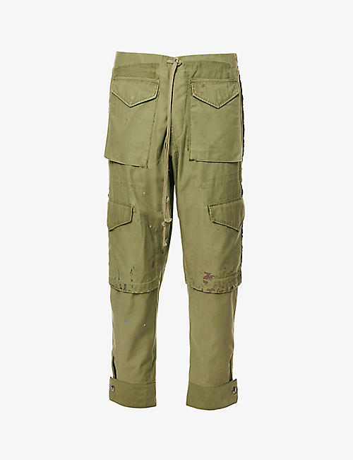 GREG LAUREN: Distressed contrast-panel tapered-leg regular-fit cotton-blend cargo trousers