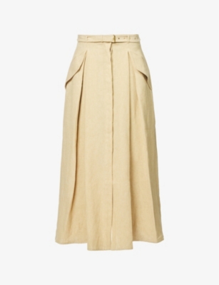 LE KASHA: Belted split-hem linen midi skirt