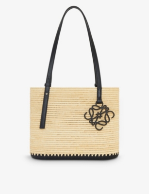 Loewe Small Square Leather-trimmed Raffia Basket Bag in Black