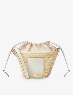 Loewe X Paula's Ibiza Basket Bucket Bag In Palm Leaf With Drawstring Pouch And Leather Strap In Natural/white