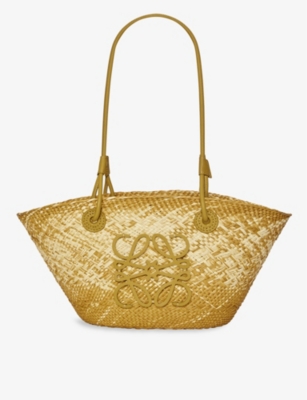 LOEWE: Loewe x Paula's Ibiza Anagram-embroidered small iraca palm and leather basket bag