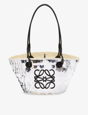 Loewe Womens Silver X Paula's Ibiza Sequinned Iraca Palm And Leather Basket Bag