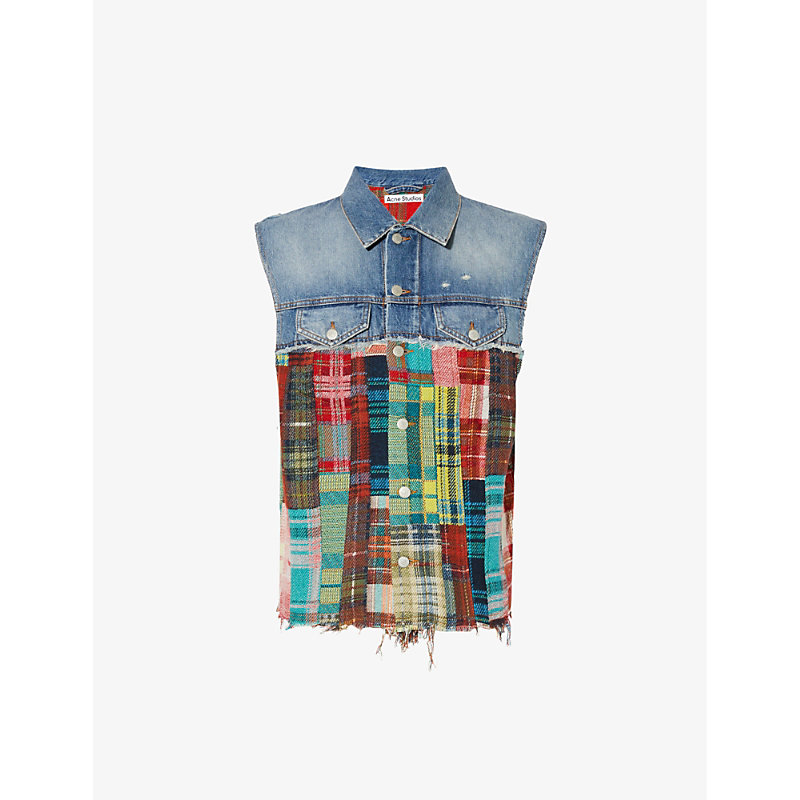 ACNE STUDIOS CHECKED CHEST-POCKET DENIM AND WOVEN VEST