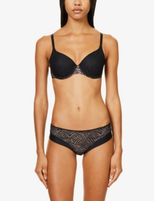 Shop Chantelle Graphic Allure Lace-overlay Stretch-mesh Spacer Bra In Black