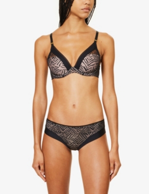 Chantelle Womens Black Graphic Allure Lace-overlay Mid-rise Stretch-mesh Briefs In Black