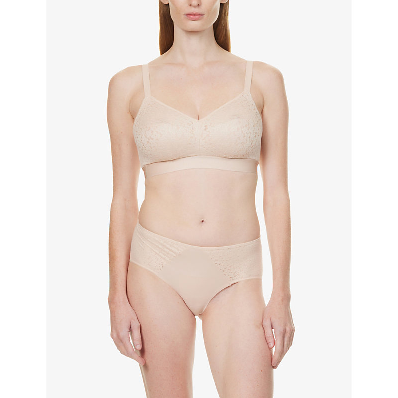 Shop Chantelle Norah Floral-embroidered Stretch-woven Bra In Golden Beige