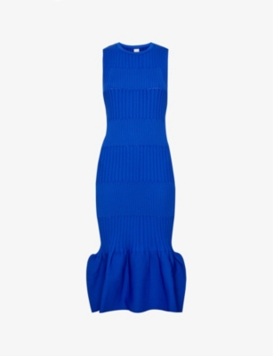 Womens Blue Fluted Flared-hem Recycled-polyester Knitted Midi Dress