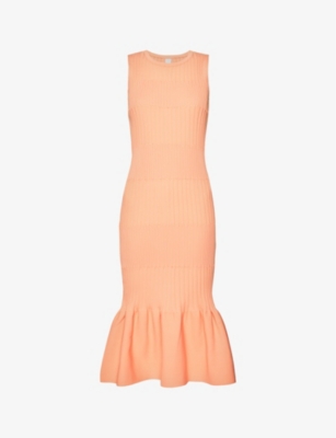 Fluted Flared-hem Recycled-polyester Knitted Midi Dress In Salmon