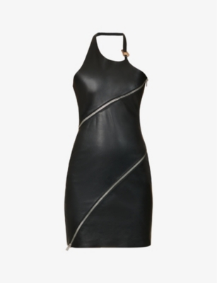 HELIOT EMIL: Zip-embellished halterneck leather mini dress