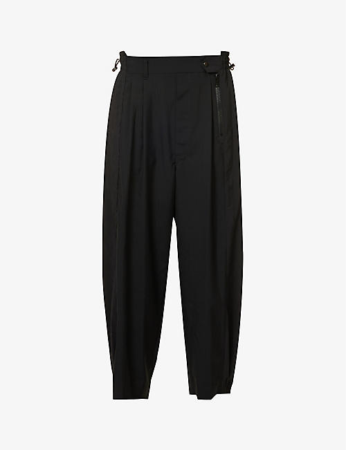 YS: Elasticated-waist dropped-crotch wide-leg mid-rise wool trousers