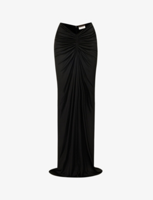SAINT LAURENT SAINT LAURENT WOMEN'S NOIR RUCHED LOW-RISE WOVEN MAXI SKIRT,67253037