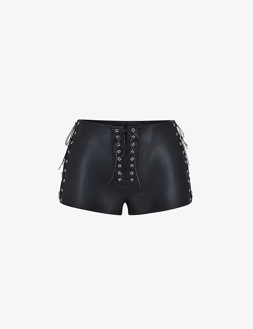 House Of Cb Womens Black Azora Eyelet-embellished Faux-leather Micro Mini Shorts