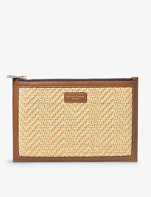 ASPINAL OF LONDON: Essential large logo-print raffia and leather pouch