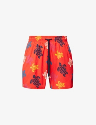Vilebrequin Moorise Swim Short Stretch Ronde Des Tortues Multicolores Poppy Red In Coquelicot