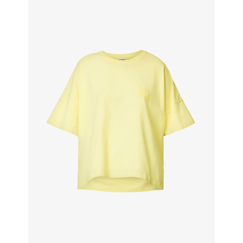 Loewe Womens Light Lemon Anagram-embroidered Dipped-hem Cotton-jersey T-shirt