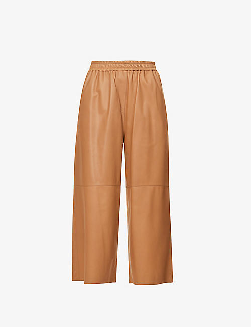 LOEWE: Cropped elasticated-waist wide-leg mid-rise leather trousers