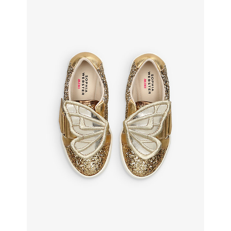 Shop Sophia Webster Girls Gold Kids Butterfly-embellished Glitter Low-top Textile Trainers 3-8 Years
