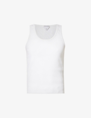 Shop Bottega Veneta Women's Chalk Round-neck Ribbed-jersey Cotton-blend Tank Top
