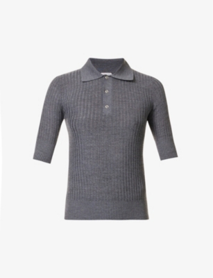 Shop Bottega Veneta Women's Thunder Rib Silver-toned Hardware Wool Polo Shirt In Grey