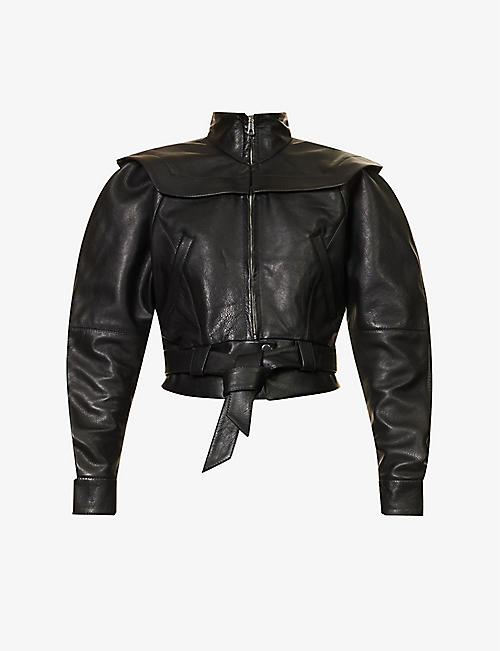 SITUATIONIST: Cropped belted leather jacket