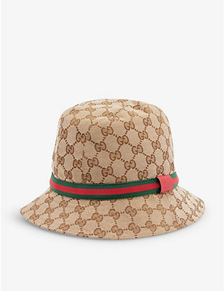 GUCCI: Monogram-pattern stripe-trim canvas bucket hat