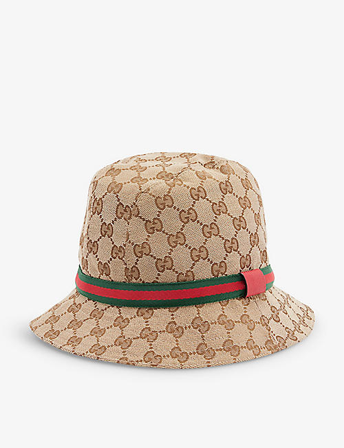 GUCCI: Monogram-pattern stripe-trim canvas bucket hat