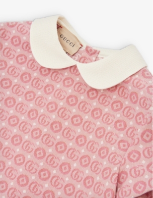 Shop Gucci Girls Pink/mc Kids Monogram-pattern Peter-pan Collar Cotton-blend Mini Dress 12-36 Months