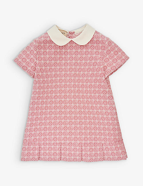 GUCCI: Monogram-pattern Peter-pan collar cotton-blend mini dress 12-36 months