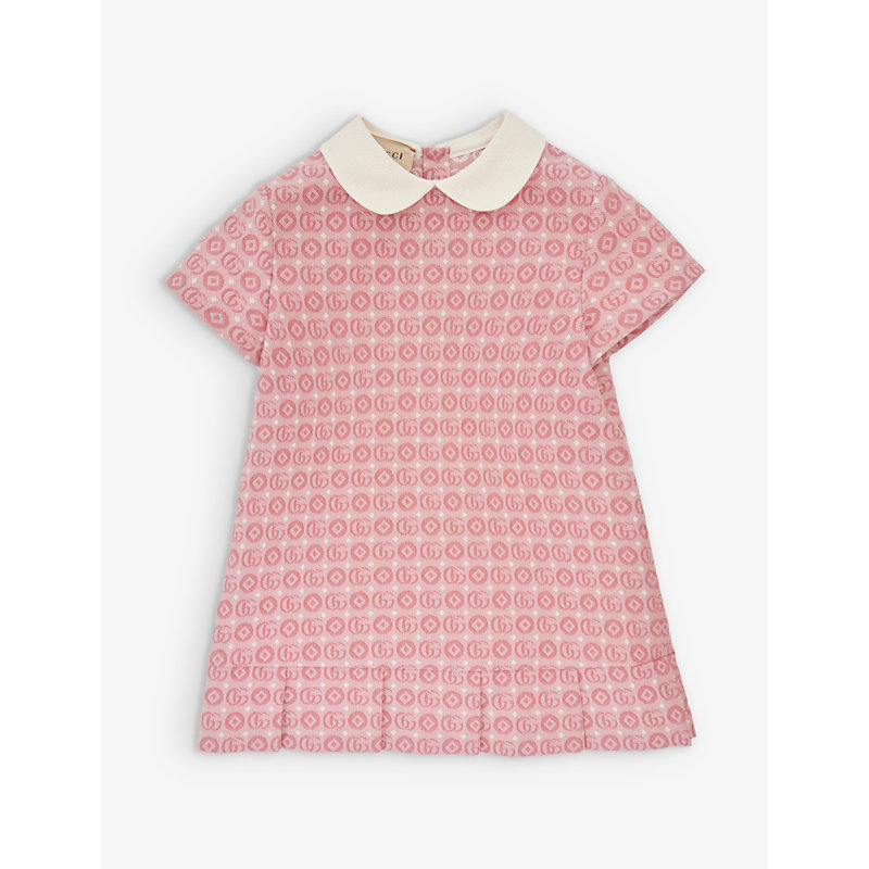 Gucci Kids' Monogram-pattern Peter-pan Collar Cotton-blend Mini Dress  12-36 Months In Pink/mc