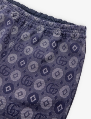 Shop Gucci Dk Blue/ivory Gg Geometric-print Jacquard-denim Trousers 24-36 Months