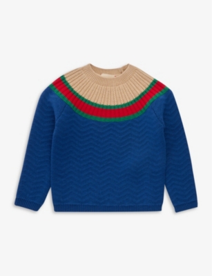 GUCCI GUCCI COBALT/CAMEL/MC CHEVRON-PATTERN LONG-SLEEVE WOOL KNITTED JUMPER 24-36 MONTHS,67347019