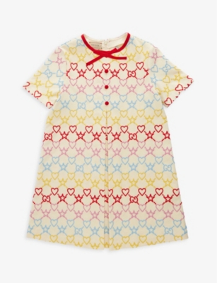 GUCCI: Embroidered-branding bow-design stretch-woven dress  6-12 years