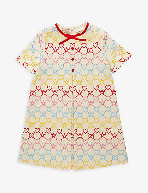 GUCCI: Embroidered-branding bow-design stretch-woven dress  6-12 years