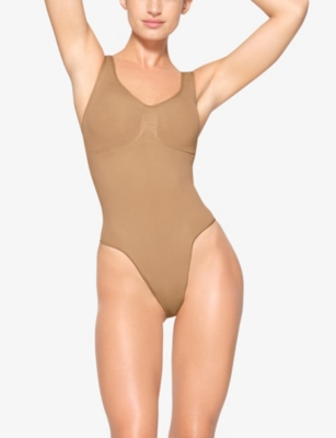 Shop Skims Women's Ochre Smls Sclpt Scp Nk Bdy In Nude (lingerie)