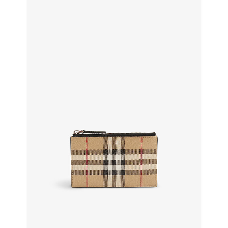 BURBERRY BURBERRY MEN'S ARCHIVE BEIGE ALWYN CHECK-PRINT FAUX-LEATHER CARD HOLDER,67358428