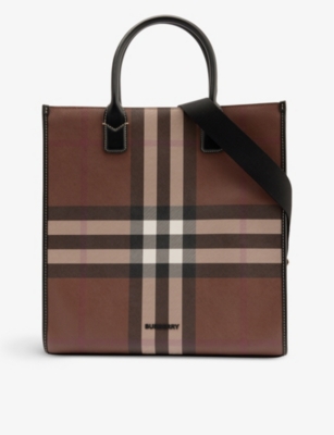 BURBERRY BURBERRY DARK BIRCH BROWN DENNY CHECK-PRINT COATED-CANVAS TOTE BAG,67358831