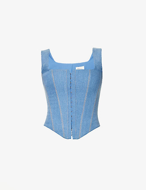 ROZIE CORSETS: Fitted square-neck denim top