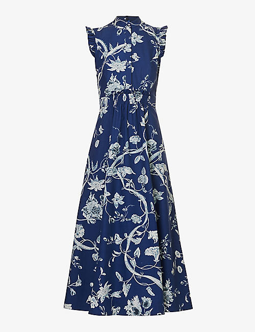 ERDEM: Floral-print frilled-trim cotton-poplin maxi dress