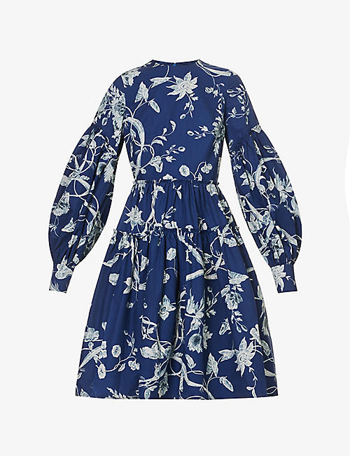 ERDEM: Floral-print tiered-hem cotton-poplin mini dress
