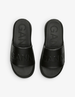 Shop Ganni Logo-embossed Flatform Faux-leather Sandals In Black
