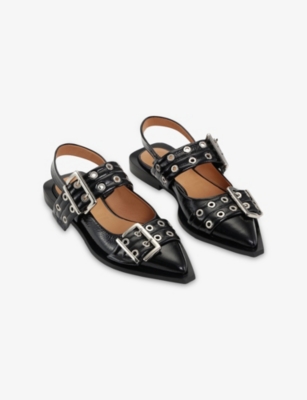 Ganni Womens Black Buckle-embellished Slingback Leather Ballet Flats In Black