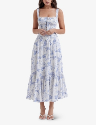 Shop House Of Cb Women's Blue Print Aitana Floral-print Woven Maxi Skirt