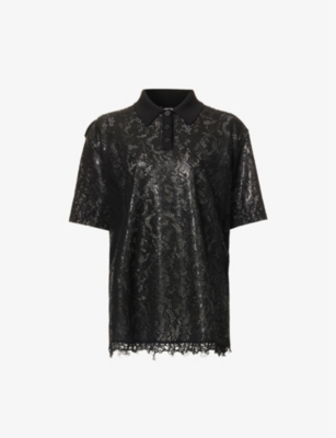 SHANG XIA LACE-EMBROIDERED SCALLOPED-HEM WOOL-BLEND SHIRT,67381648