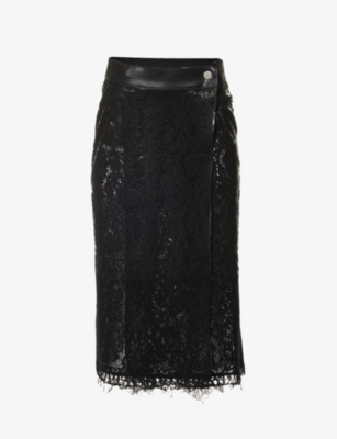 Shang Xia Womens Black Lace-embroidered Raw-hem Wool-blend Midi Skirt In Black