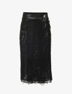 SHANG XIA SHANG XIA WOMEN'S BLACK LACE-EMBROIDERED RAW-HEM WOOL-BLEND MIDI SKIRT,67381693