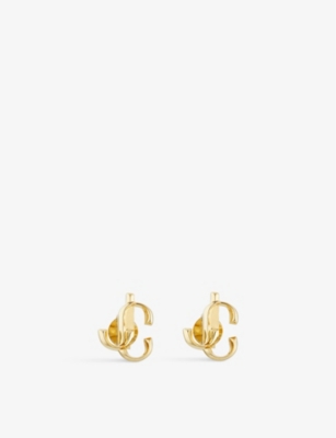 Shop Jimmy Choo Jc Logo-embellished Gold-toned Brass Stud Earrings