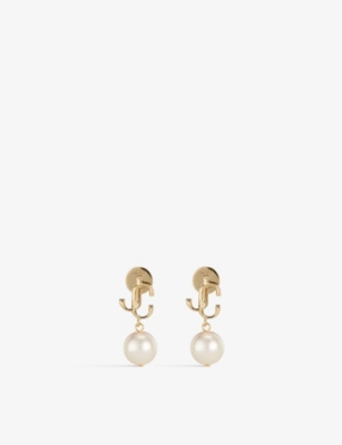 JIMMY CHOO: JC logo-embellished gold-toned brass and pearl earrings