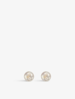 JIMMY CHOO JIMMY CHOO WOMEN'S GOLD/WHITE JC LOGO-EMBELLISHED GOLD-TONED BRASS AND PEARL STUD EARRINGS,67384885